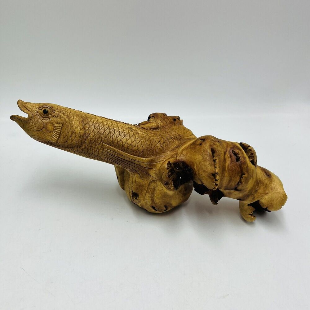Hand Carved Fish On Burl Wood Knot 11" Long